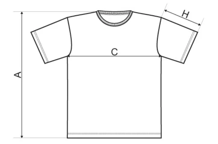 Diagram merania trička: A = dĺžka, C = šírka, H = dĺžka rukáva
